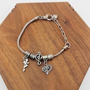 Silver Tone Cable Slide Charm Bracelet Heart Fairy Music Note Feminine Casual